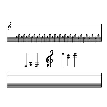 Vector set of musical symbols, signs, notes, clef, musical instrument on a white background.