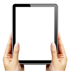 female hands holding tablet in ipad black style with blank touch screen isolated on white background