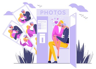 Couple Sitting in Photo Booth and Taking Photos.
