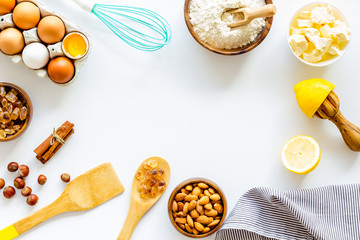 Baking frame. Ingredients and utensil on white background top view copy space
