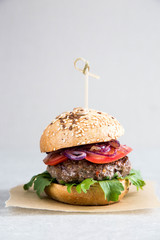 Craft homemade beef burger and french fries. Light background, copy space.