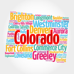 List of cities in Colorado USA state, map silhouette word cloud map concept