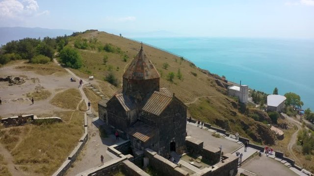 old Sevanavank monastery on the shore of lake Sevan in Armenia. in summer on a clear Sunny day. photography from the quadrocopter. the view from the top