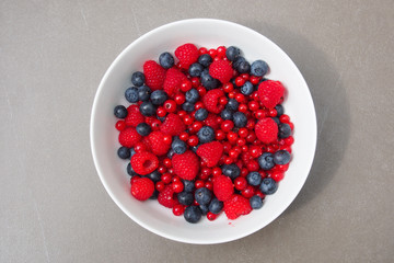Schale mit Früchten: Blaubeeren, Himbeeren, Brombeeren