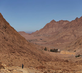 Fototapeta na wymiar Egypt. Saint Catherine's Monastery. Bedouin village. Mount Sinai (Mount Horeb, Gabal Musa, Moses Mount). Pilgrimage place and famous touristic destination.