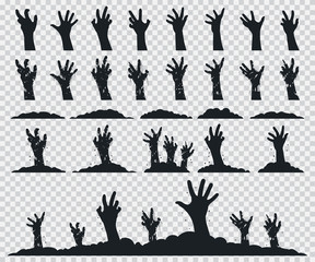 Zombie hands black silhouette vector icons set isolated on a transparent background.