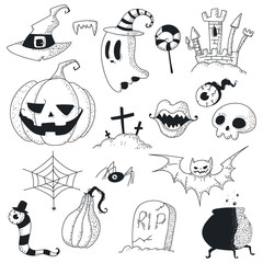 Halloween doodles vector sketch icons set isolated on a white background.