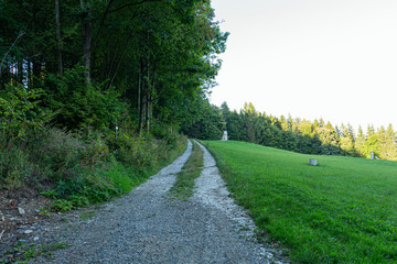 Composite landscape. fence near road going down the hill through meadow and forest to the high mountains in evening light