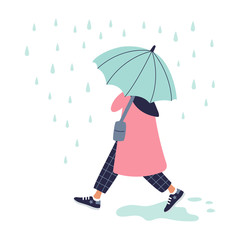 Girl walking in the rain in red coat with umbrella. Autumn design. Vector