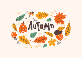 Autumn Hand drawn abstract poster with leafs. Vector