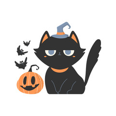 Cute black cats in witch hat with pumpkin and bat vector cartoon characters for Halloween isolated on white background.