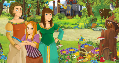 Obraz na płótnie Canvas cartoon scene with happy young girl princess and her mother in the forest near some castles - illustration for children
