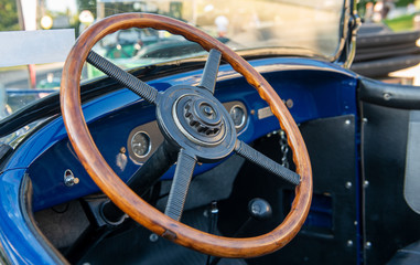 vintage car detail, antique car steering wheel