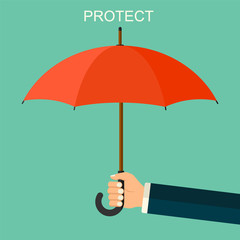 Vector background with hand holding red umbrella. Man's arm with umbrella.  Protection flat style pattern concept.