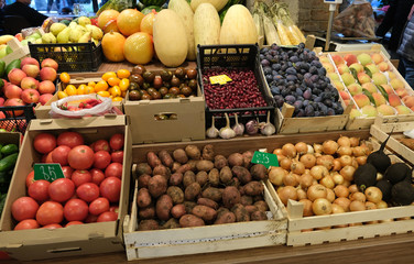 Fresh fruits and vegetables at the grocery market in Russia