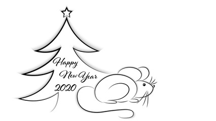 Black and white minimalistic christmas background. Rat is symbol of Chinese 2020 New Year and Christmas tree. Vector illustration.