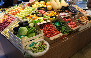 Fresh fruits and vegetables at the grocery market in Russia