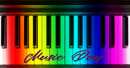 Piano.Music background.Musical instrument keys close up flat lay top view duaton banner