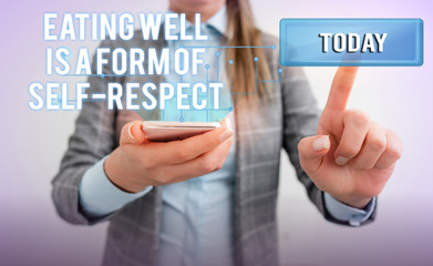 Word writing text Eating Well Is A Form Of Self Respect. Business photo showcasing a quote of promoting healthy lifestyle Lady front presenting hand blue glow futuristic modern technology tech look