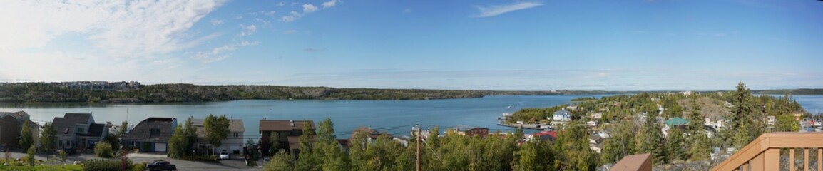 Fototapeta na wymiar Yellowknife,Canada-August 30, 2019: Back Bay viewed from the top of the Pilot's monument in Old Town, Yellowknife, Canada