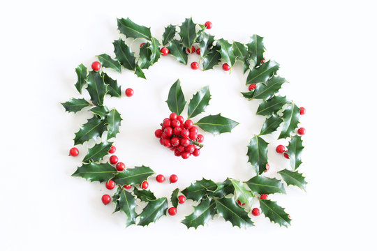 Christmas holly Ilex aquifolium isolated on white table background. Evergreen leaves with red berries. Decorative floral frame, web banner. Flat lay, top view. Empty space for holiday text.
