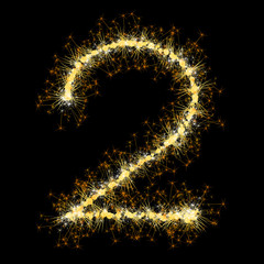 Bengal lights golden glittering sparks number set. Vector shining golden figures of sparkles and stars on black background.