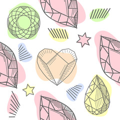 Colorful seamless pattern with gorgeous natural gemstones, mineral crystals, precious and semiprecious faceted stones hand drawn