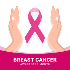 breast cancer awareness month banner with pink ribbon and hand hold care vector design