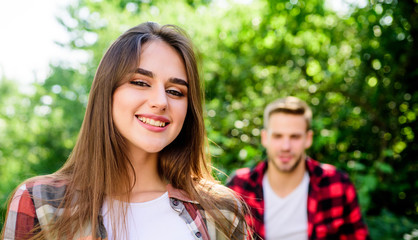 Obraz premium Get her attention. Fall in love. Love from first sight. If woman knows you like her how will she react. Pure feelings. Romantic date concept. Man hipster falling in love pretty girl. Casual meeting
