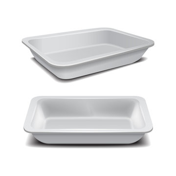 White styrofoam food storage. Food plastic tray, dark foam meal container, empty box for food vector illustration