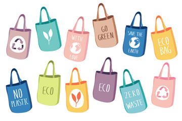 Eco-friendly textile and paper reusable bags isolated on white background. Fabric string bags instead of plastic. Use biodegradable recycling items - save the Planet. Vector Illustration. 