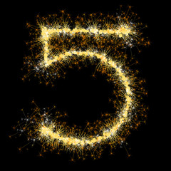 Bengal lights golden glittering sparks number set. Vector shining golden figures of sparkles and stars on black background.