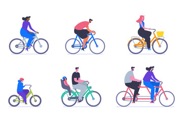 People on bicycles flat vector illustrations set