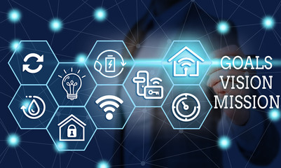 Text sign showing Goals Vision Mission. Business photo text practical planning process used to help community group Female human wear formal work suit presenting presentation use smart device
