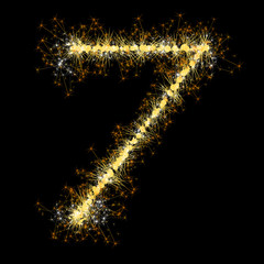 Bengal lights golden glittering sparks number set. Vector shining golden figures of sparkles and stars on black background.