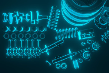 Auto parts, spare parts car on the grey background. Set with many new items for shop or aftermarket. Auto parts for car. 3D rendering