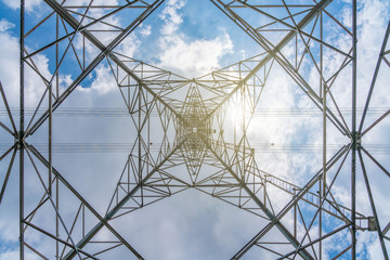 A high voltage transmission line tower, electricity network system.