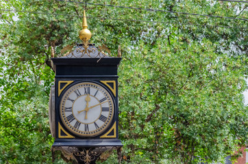 Fototapeta premium Beautiful old street clock on the background of green trees on a Sunny day in Tbilisi. Watch without a signature