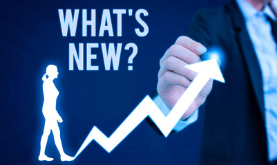 Word writing text What S New Question. Business photo showcasing when you ask someone about his current live events actions Female human wear formal work suit presenting presentation use smart device