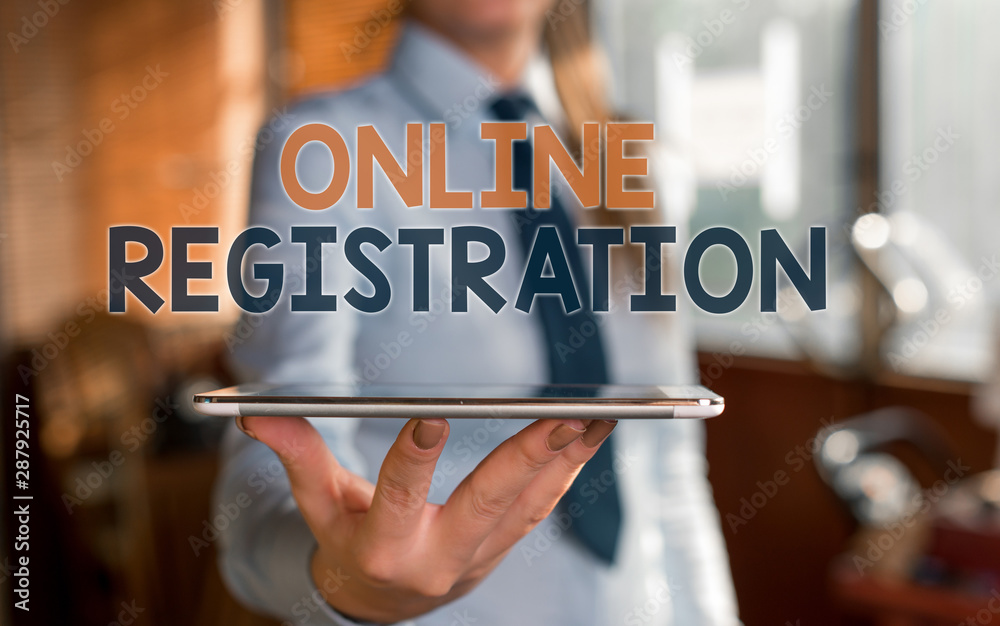 Poster writing note showing online registration. business concept for system for subscribing or registering