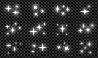 Silver bright glowing and shining star flares effect isolated on transparent background. Vector illustration