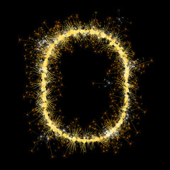 Bengal lights golden glittering sparks number set. Vector shining golden figures of sparkles and stars on black background.