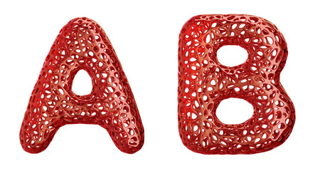 Realistic 3D letters set A, B made of red plastic.