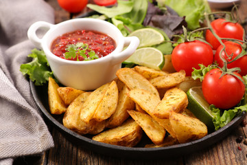 french fries and tomato sauce and vegetable salad