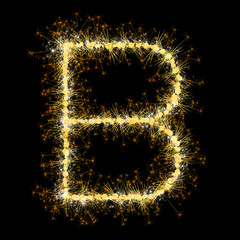Bengal lights golden glittering sparks leters set. Vector shining golden figures of sparkles and stars on black background.