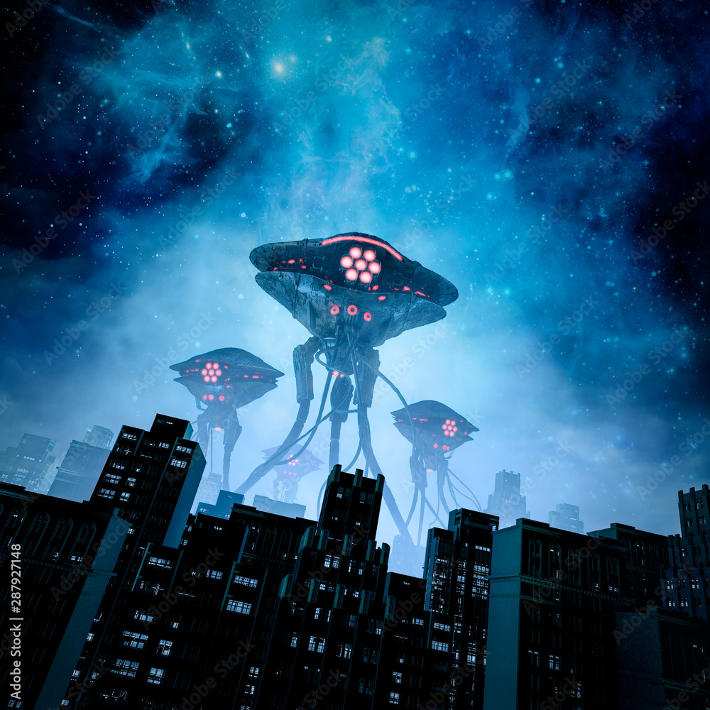 Wall mural Night of the invasion / 3D illustration of retro science fiction scene with giant alien machines attacking city