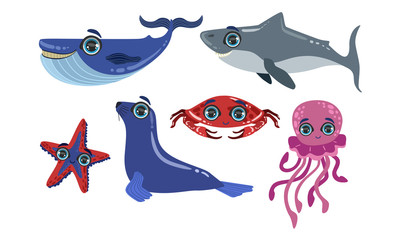 Fototapeta premium Cute Sea Creatures Collection, Ocean Animals and Fishes, Whale, Shark, Seal, Crab, Octopus, Starfish Vector Illustration