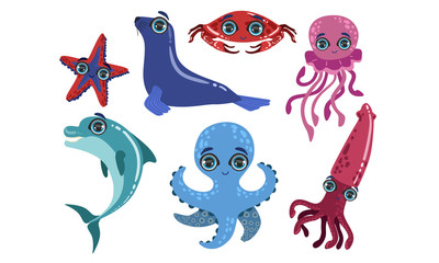 Cute Sea Creatures Collection, Ocean Animals and Fishes, Dolphin, Seal, Crab, Octopus, Starfish, Squid Vector Illustration