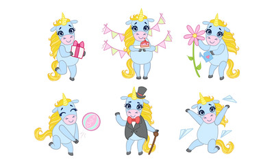Cute Unicorn Cartoon Character Set, Adorable Animal in Different Situations Vector Illustration