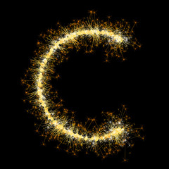 Bengal lights golden glittering sparks leters set. Vector shining golden figures of sparkles and stars on black background.